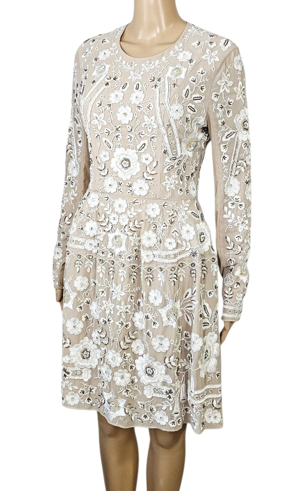 NEEDLE & THREAD Snowdrop Ivory Beige Floral Embellished Long Sleeve Mini Dress 8