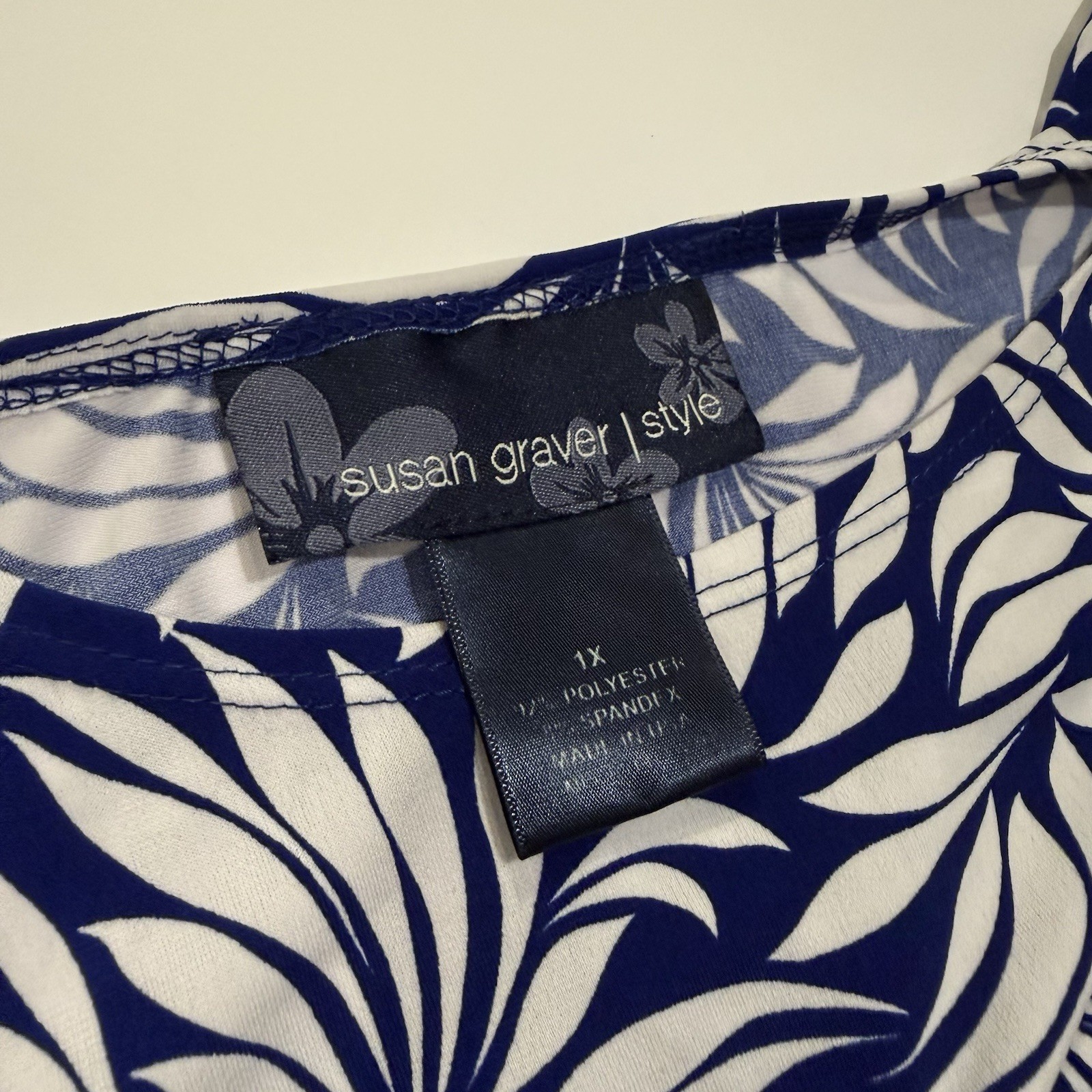 Susan Graver Blue White Tropical Palm Leaf Print Sleeveless Midi Dress 1X