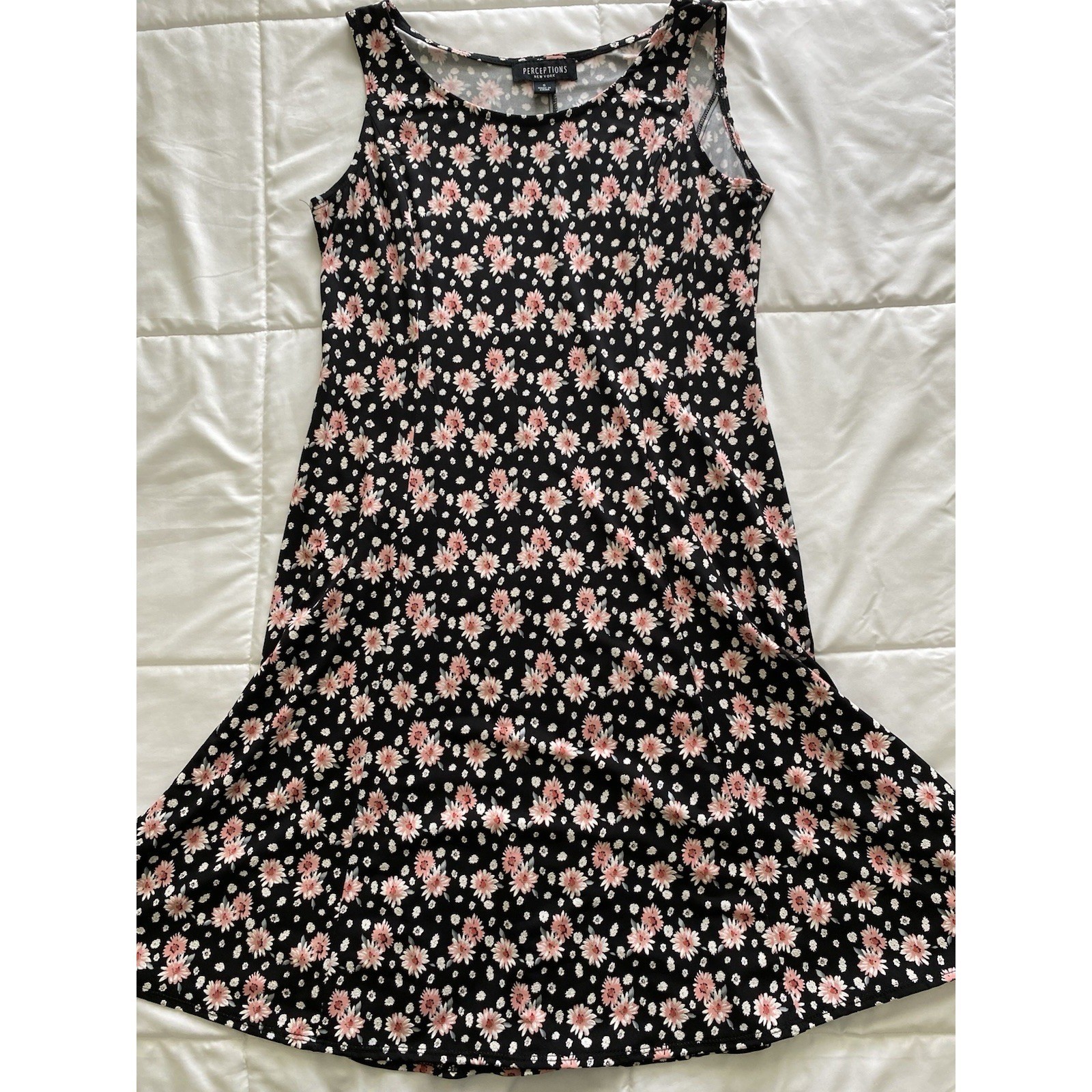 Perceptions Sleeveless A-Line Dress Black Pink White Daisy Floral Sundress S