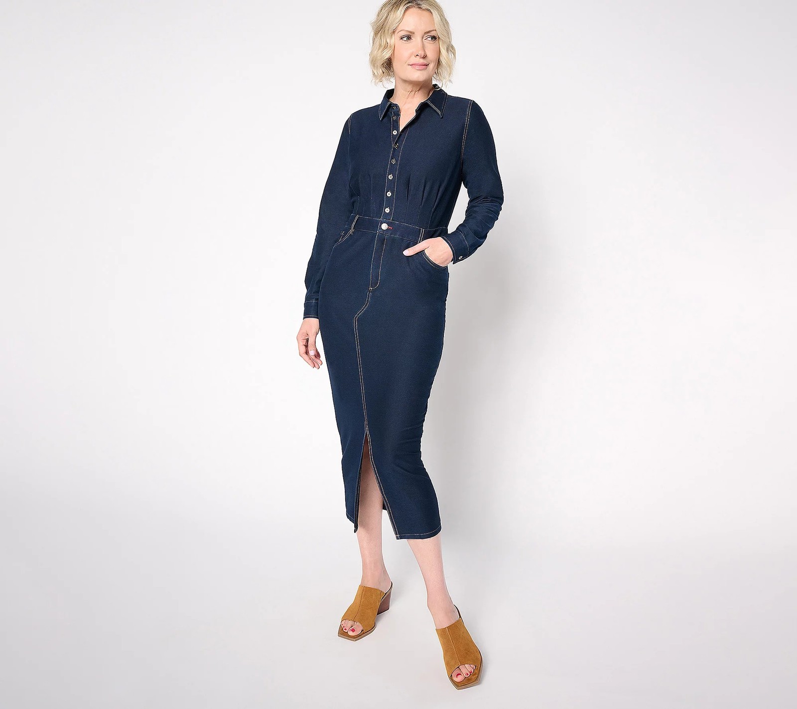 Peace Love World Denim Regular Knit Long Sleeve Dress Dark Wash L New