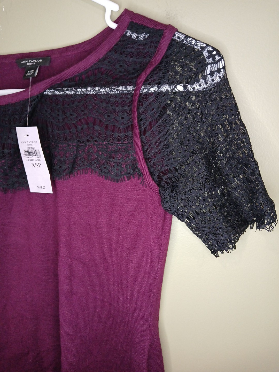 Ann Taylor Extra Small Petite Lightweight Knit Maroon Black Lace Dress NWT Knee