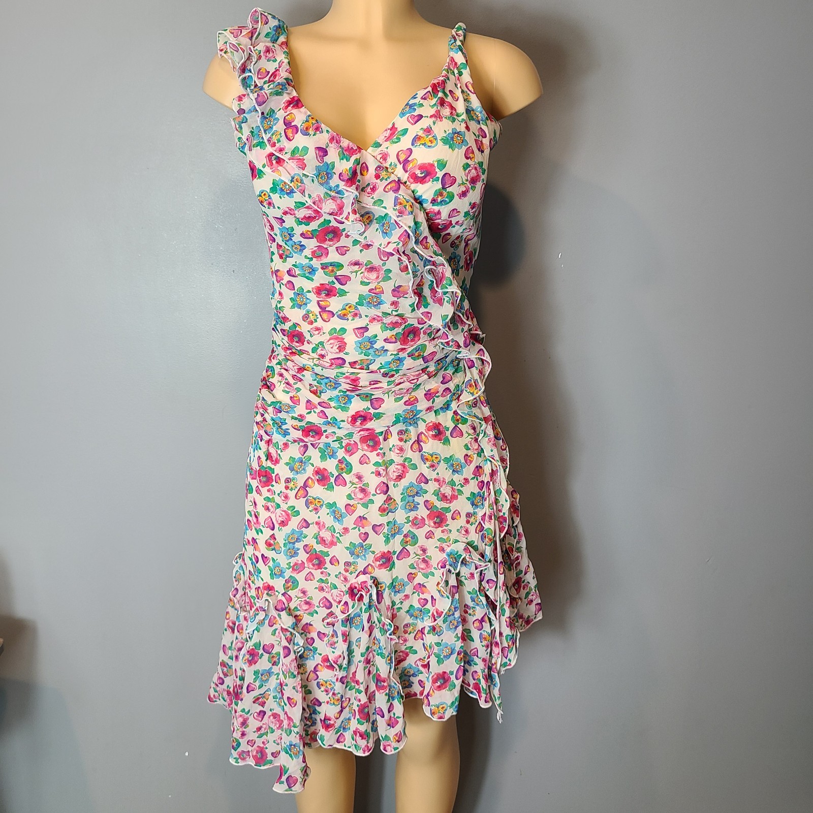 Anna Rachele Ruched Silk Dress Floral Heart Italy 42 Sz 6 Fairy Dreamy Wedding
