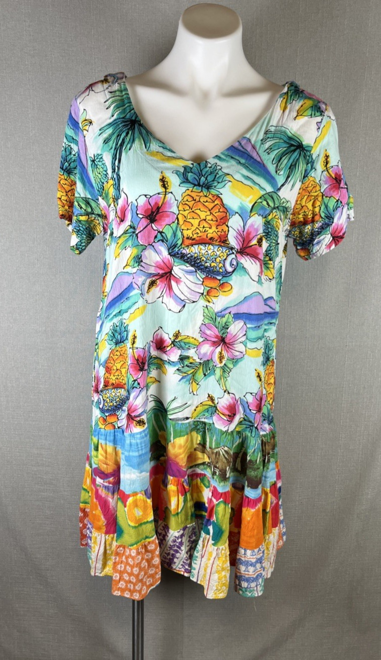 Jams World Mini Dress Womens L Shellbiscus Coloruful Floral Hawaiian Tropical