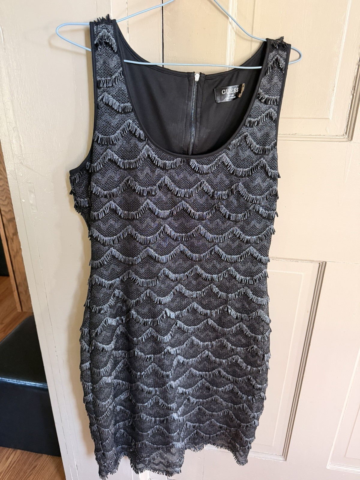 Black/Gold Metallic Scalloped Lace Bodycon Fringe Dress Guess Size 8