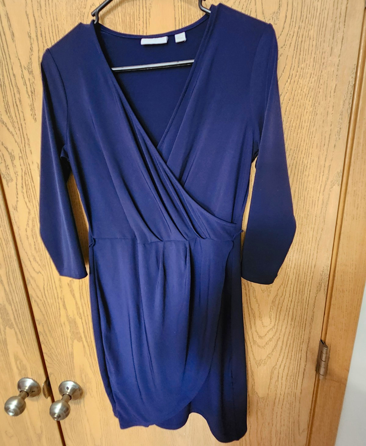 New York And Company Womens S Blue Solid Wrap Dress V-Neck 3/4 Sleeve