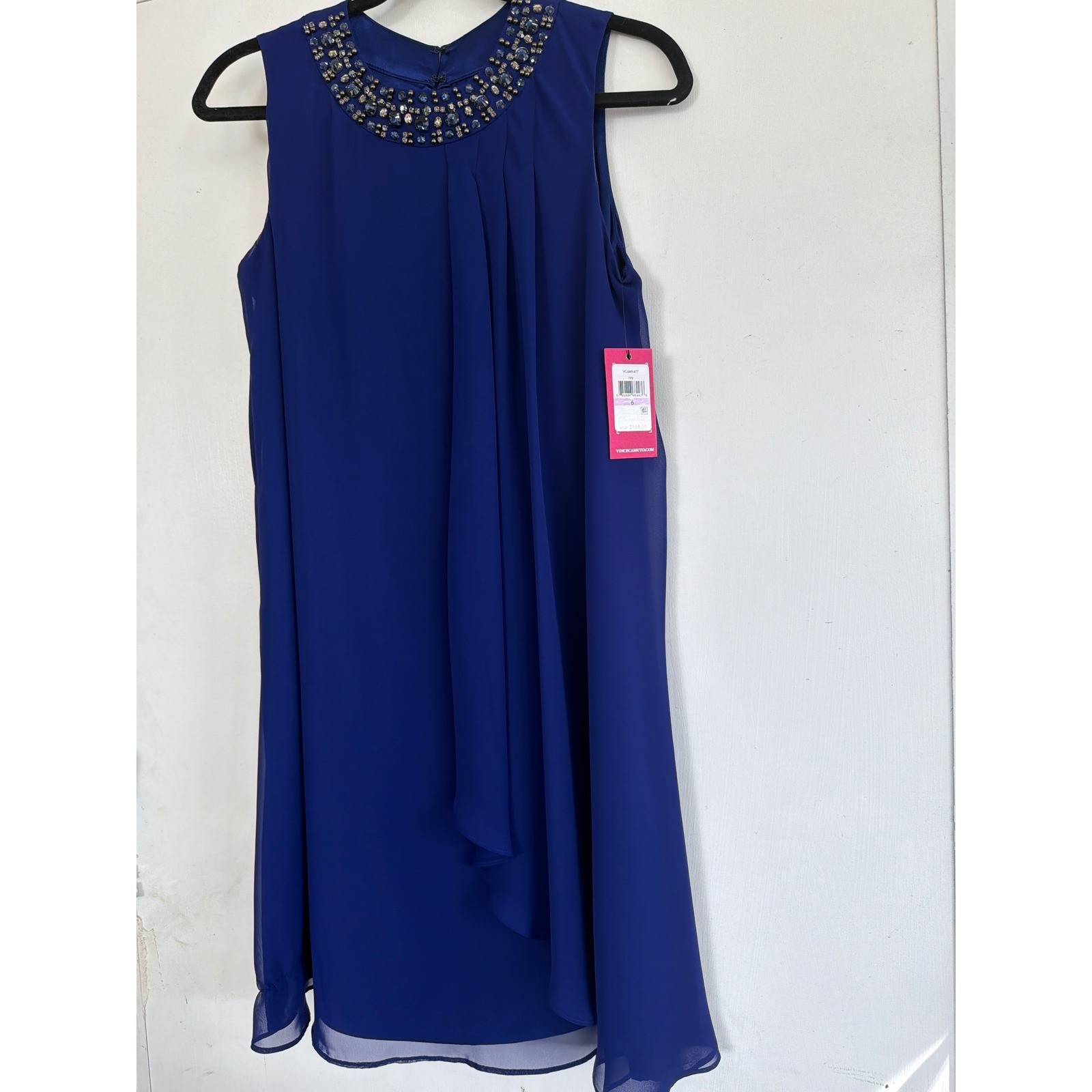 Vince Camuto Royal Blue Embellished Jewel Neck Chiffon Dress VC6M9477 Mens 6