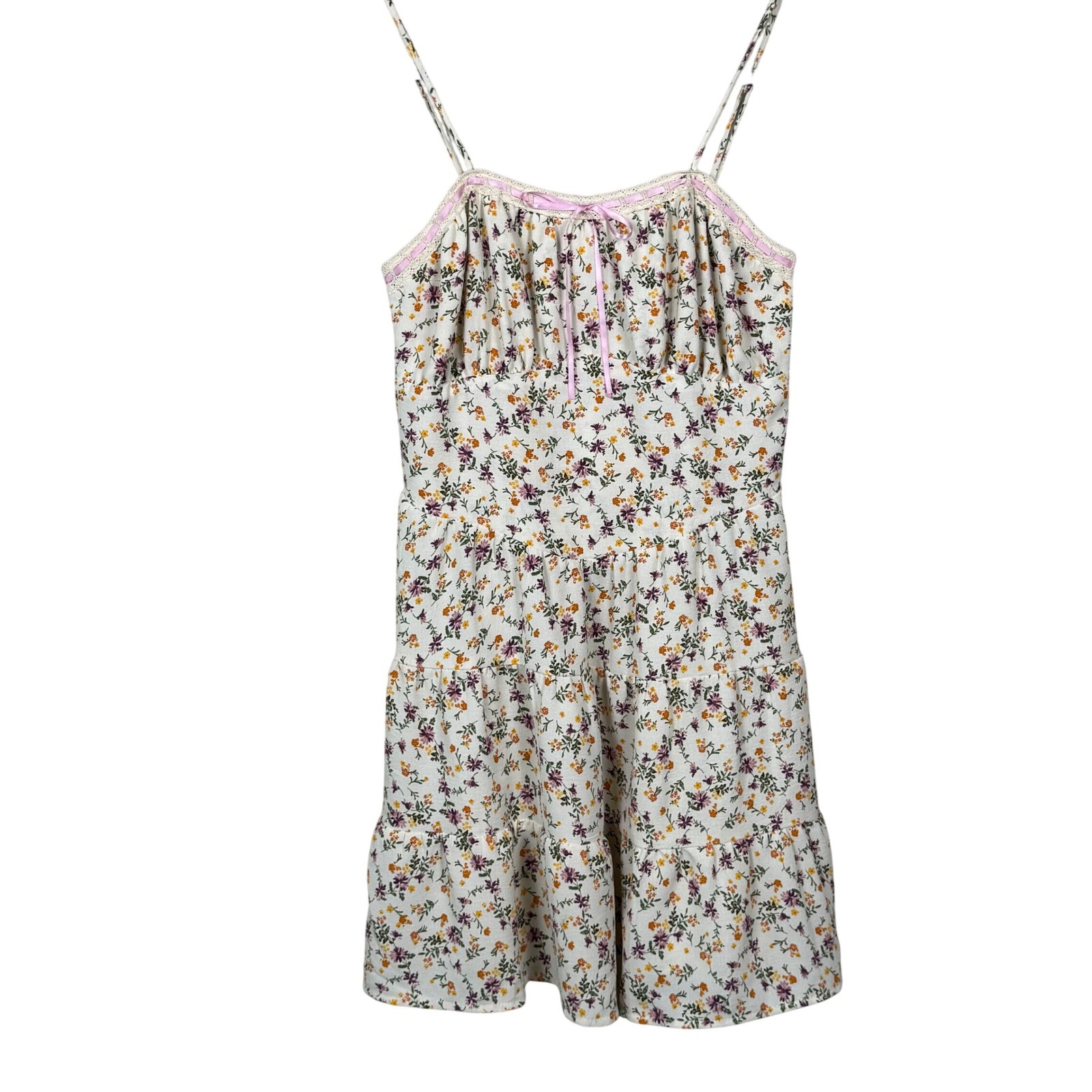 Monteau Los Angeles Floral Mini Dress Womens Medium White Pink Ribbon Coquette