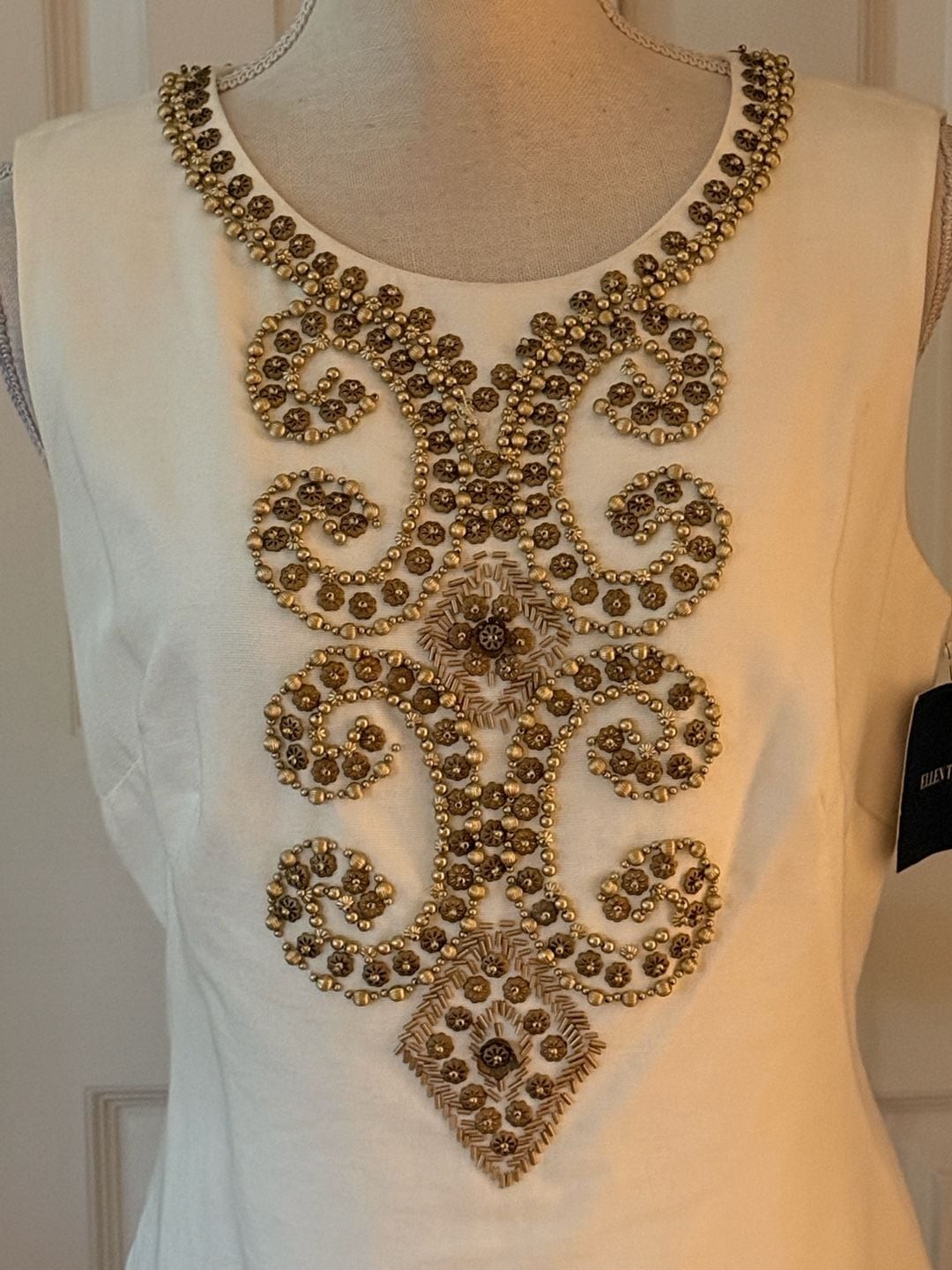 Ellen Tracy White Sleeveless Sheath Dress with Gold Beaded Embellishment