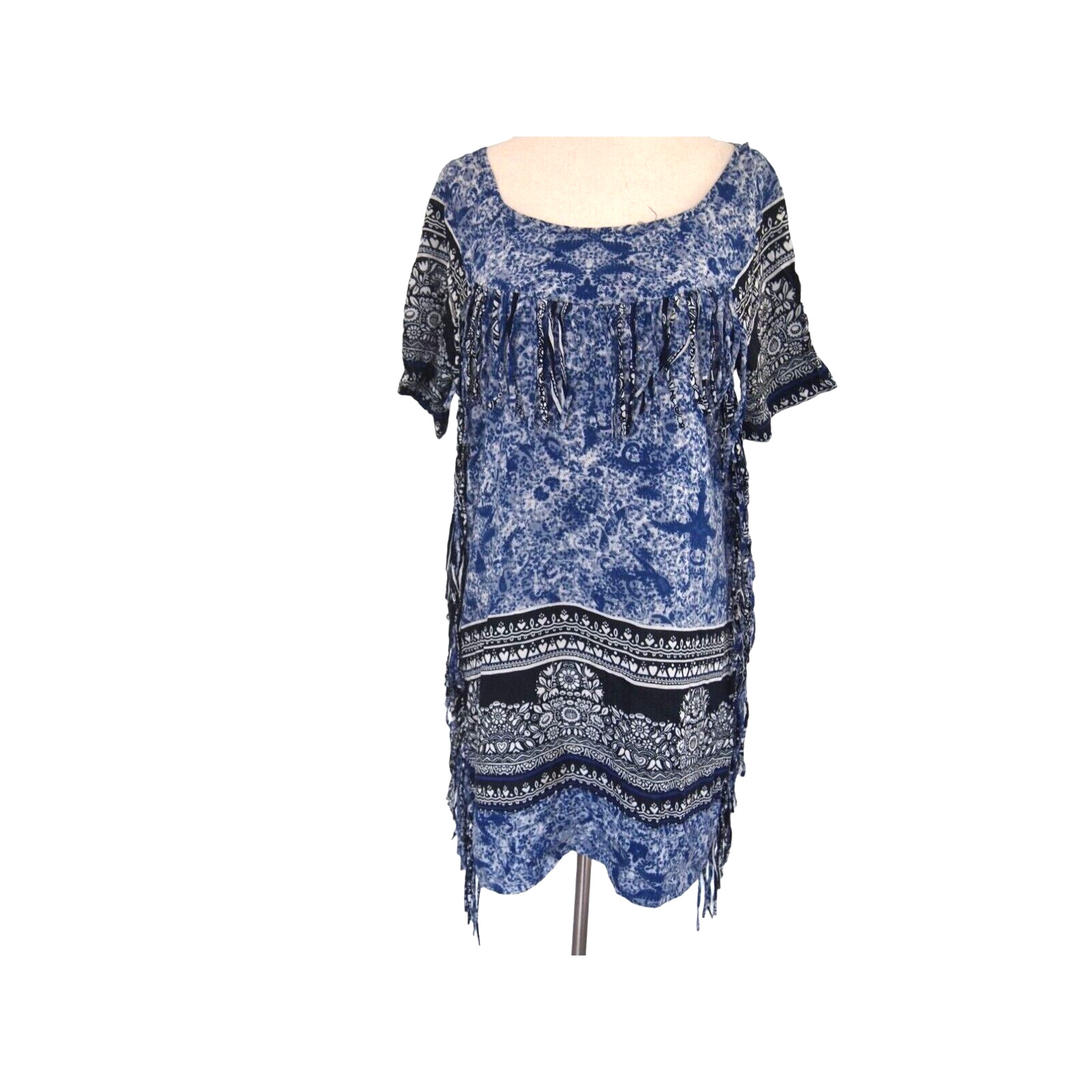 Gypsy 05 Womens Dress S Blue Fringe Short Sleeve Shift Boho Hippie Festival