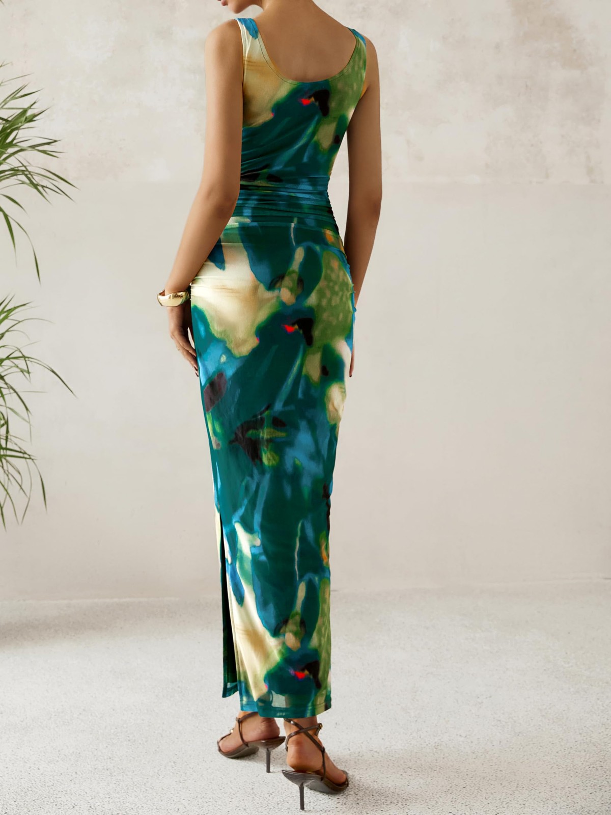 Womens Summer Floral Mesh Maxi Dress Bodycon Ruched Side Slit Party Cocktail New