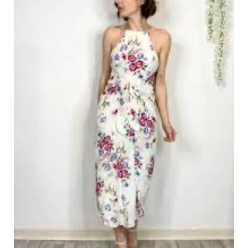Privacy Please White Floral Waist “Apron” Tie Front Midi Dress sz S NWT