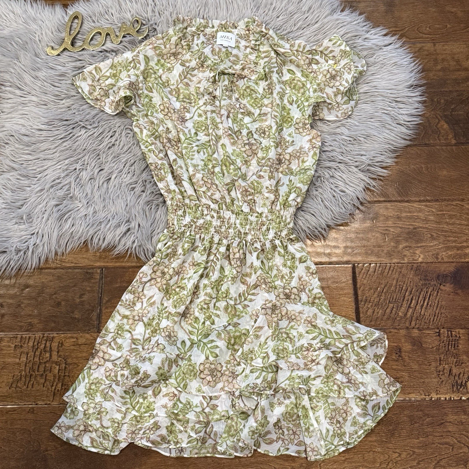 MISA Maia Blouson Mini Dress Floral Print Tiered Ruffled Green Goddess Size S