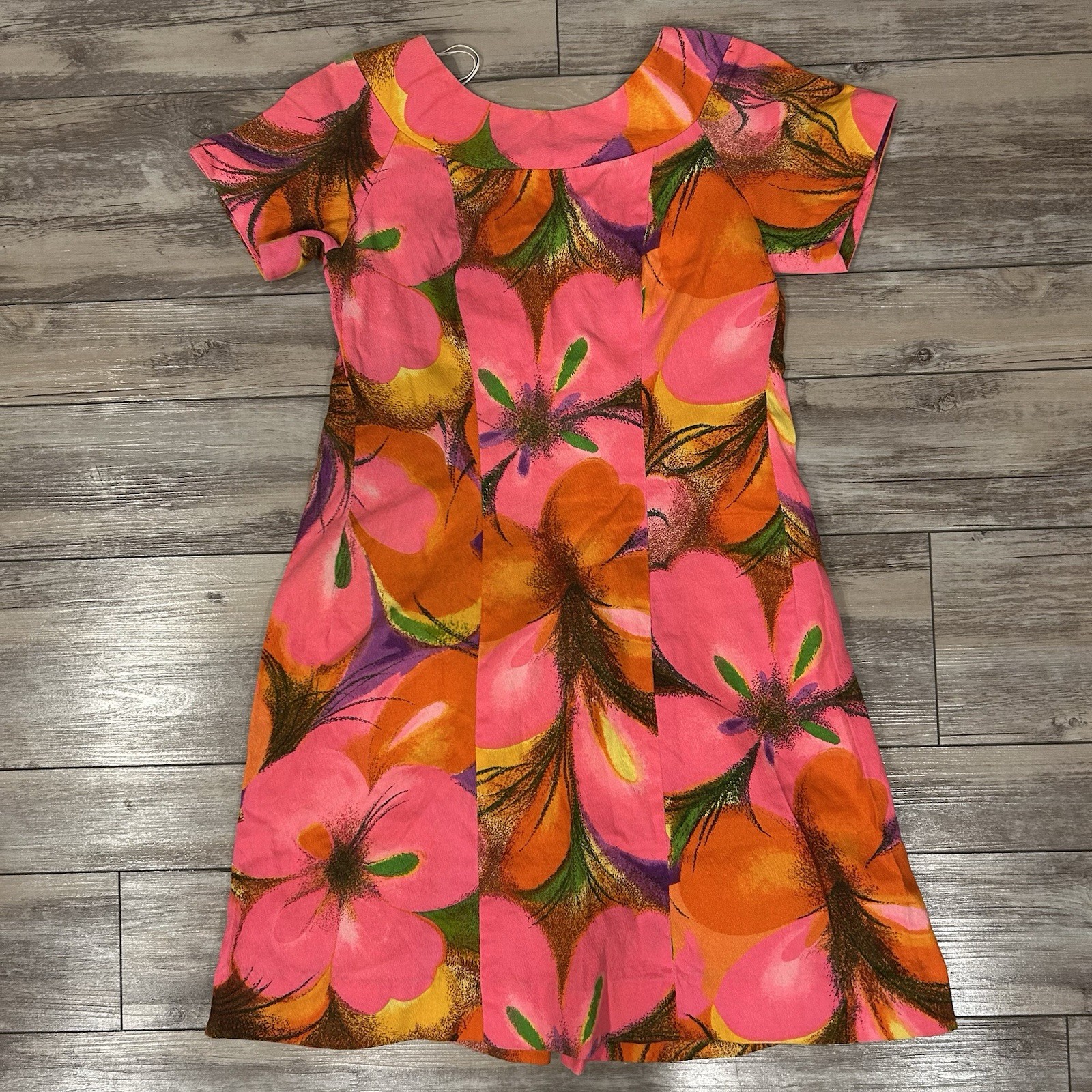 Vtg 60s Alice Polynesian Designs Perma Press Neon Pink Orange Multicolor Floral