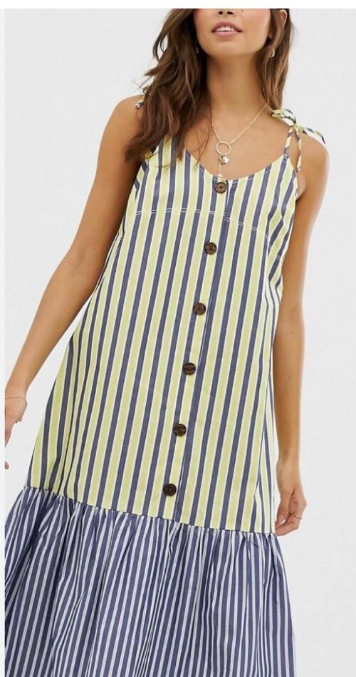 ASOS Sundress Blue Yellow Stripe Peplum Midi Smock Button Front Tie Sleeves US 0