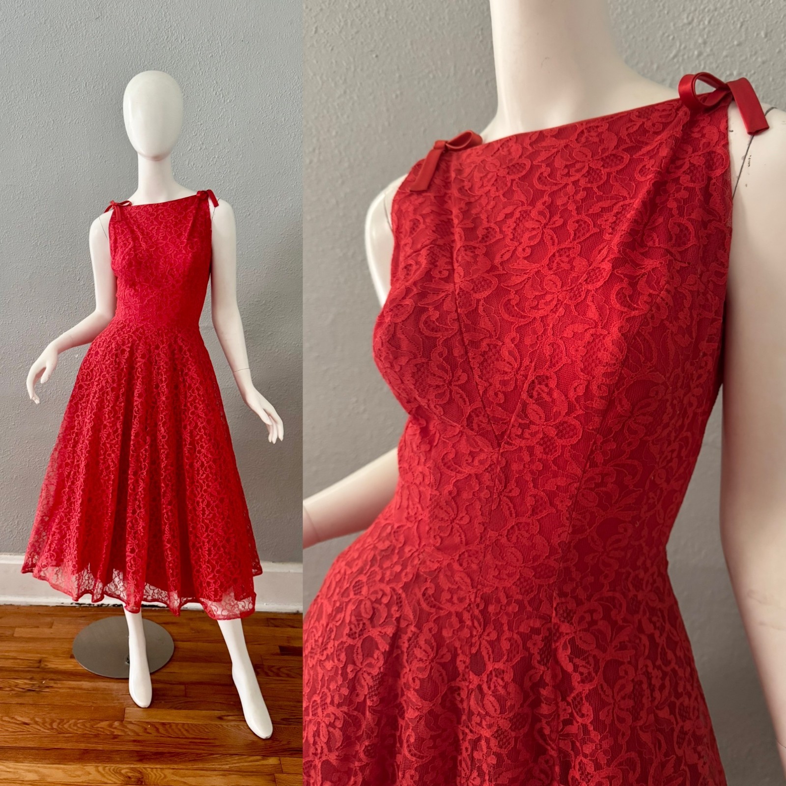 Vintage 50s Red Lace Fit Flare Tea Party Dress XS G2U