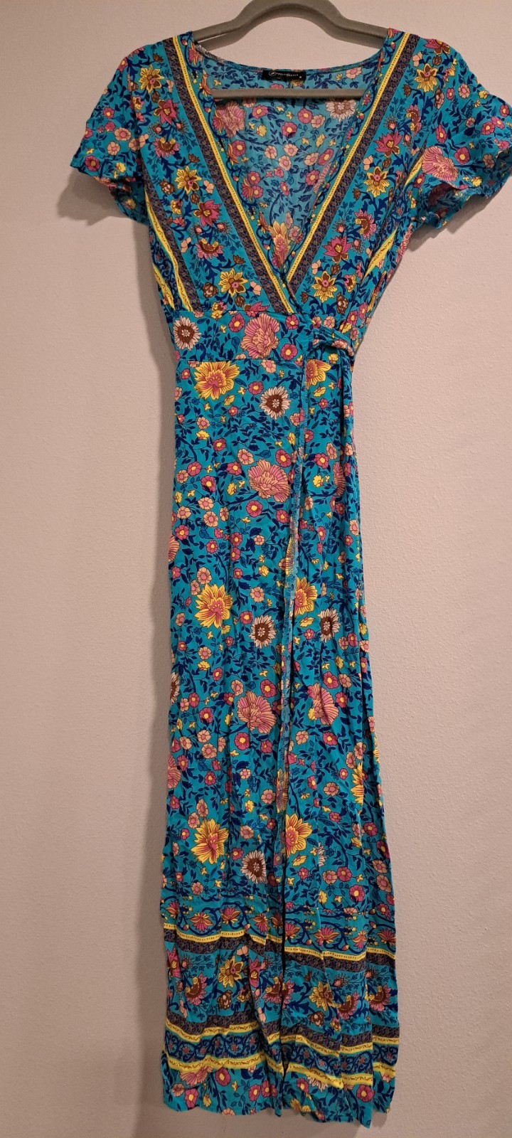 Pretty Garden Turquoise Blue Floral Boho Wrap Vneck Maxi Dress Short Sleeve Sz M