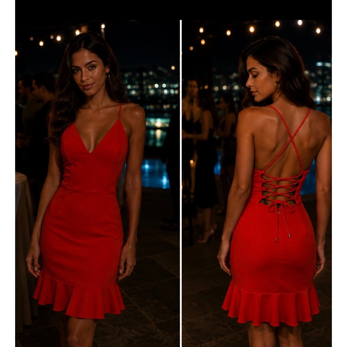 Red Lace Up Back Bodycon Ruffle Hem Spaghetti Strap Mini Cocktail Date Night