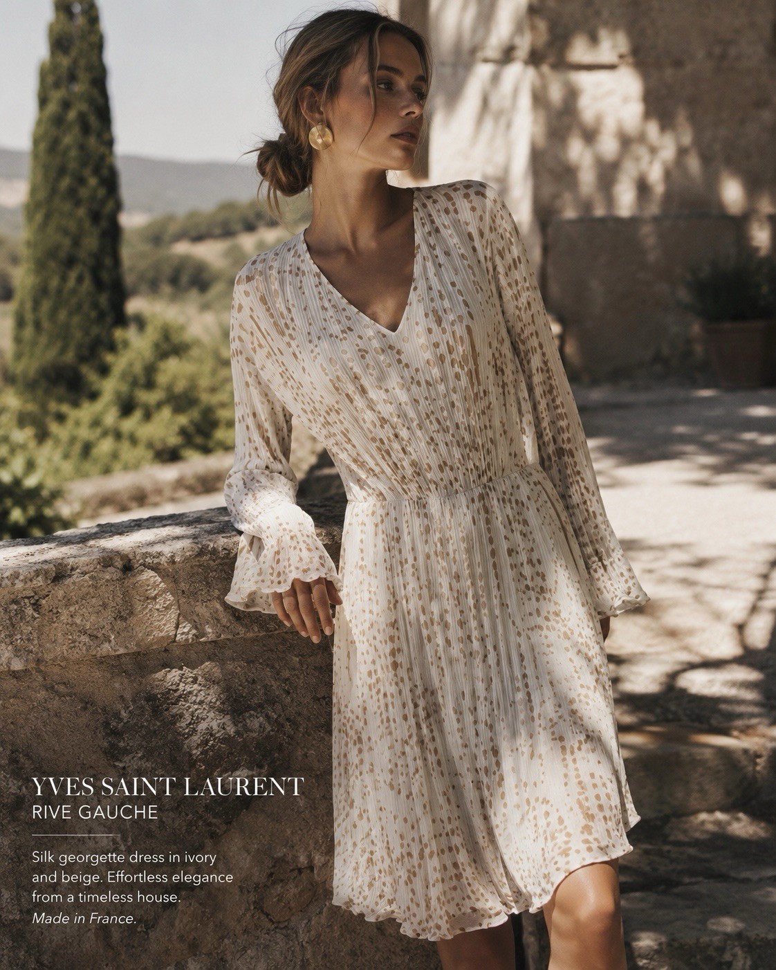Yves Saint Laurent Rive Gauche France Silk Georgette Dress FR 38 Ivory Beige