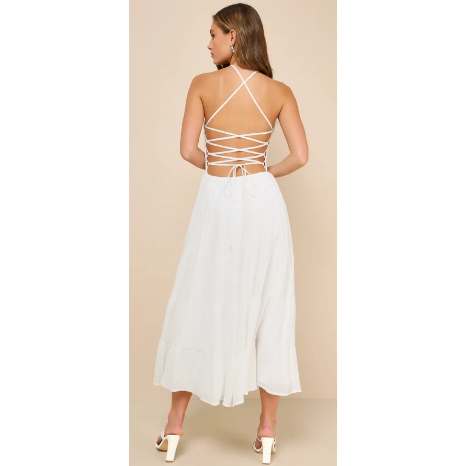 Lulus Effortless Sweetness White Ruched Lace-Up Tiered Midi Dress Bridal Shower
