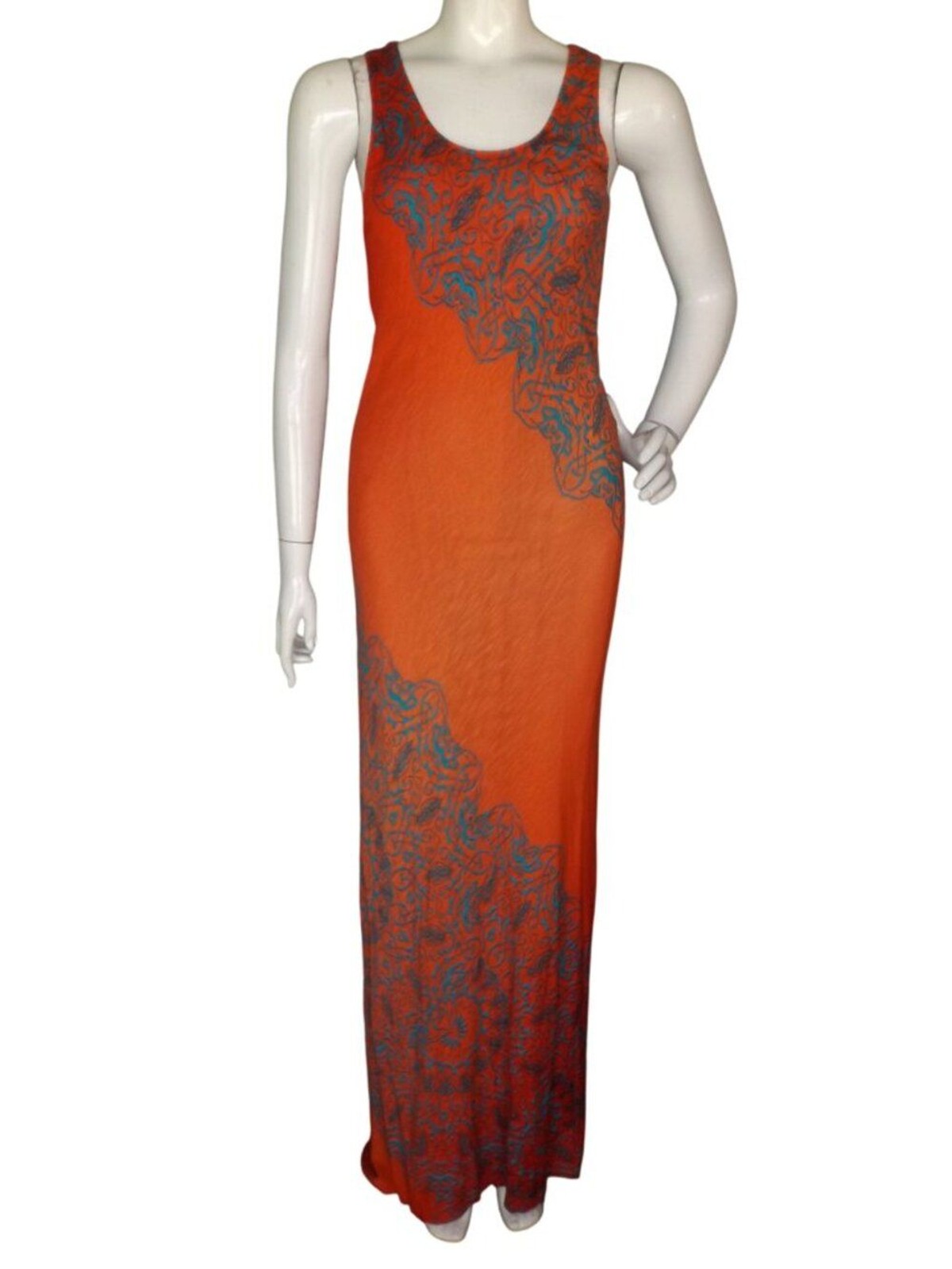 TOMMY BAHAMA Maxi Tank Dress, M, Red-Orange/Teal swirl pattern,Rayon, Scoop neck