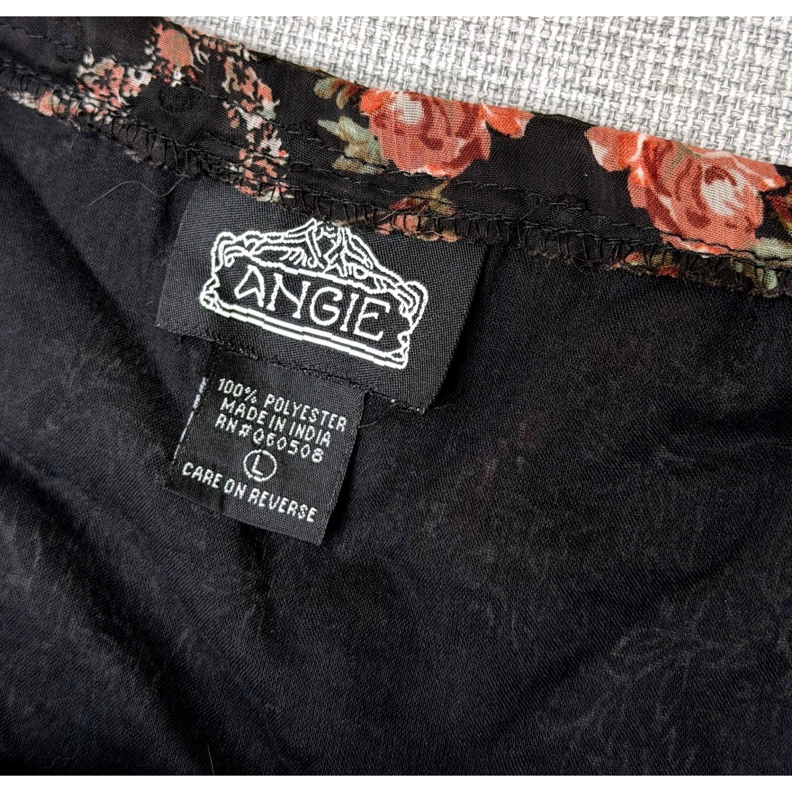 Angie Floral Patchwork High-Low Dress Black Pink Smocked V-Neck Bow Back Large