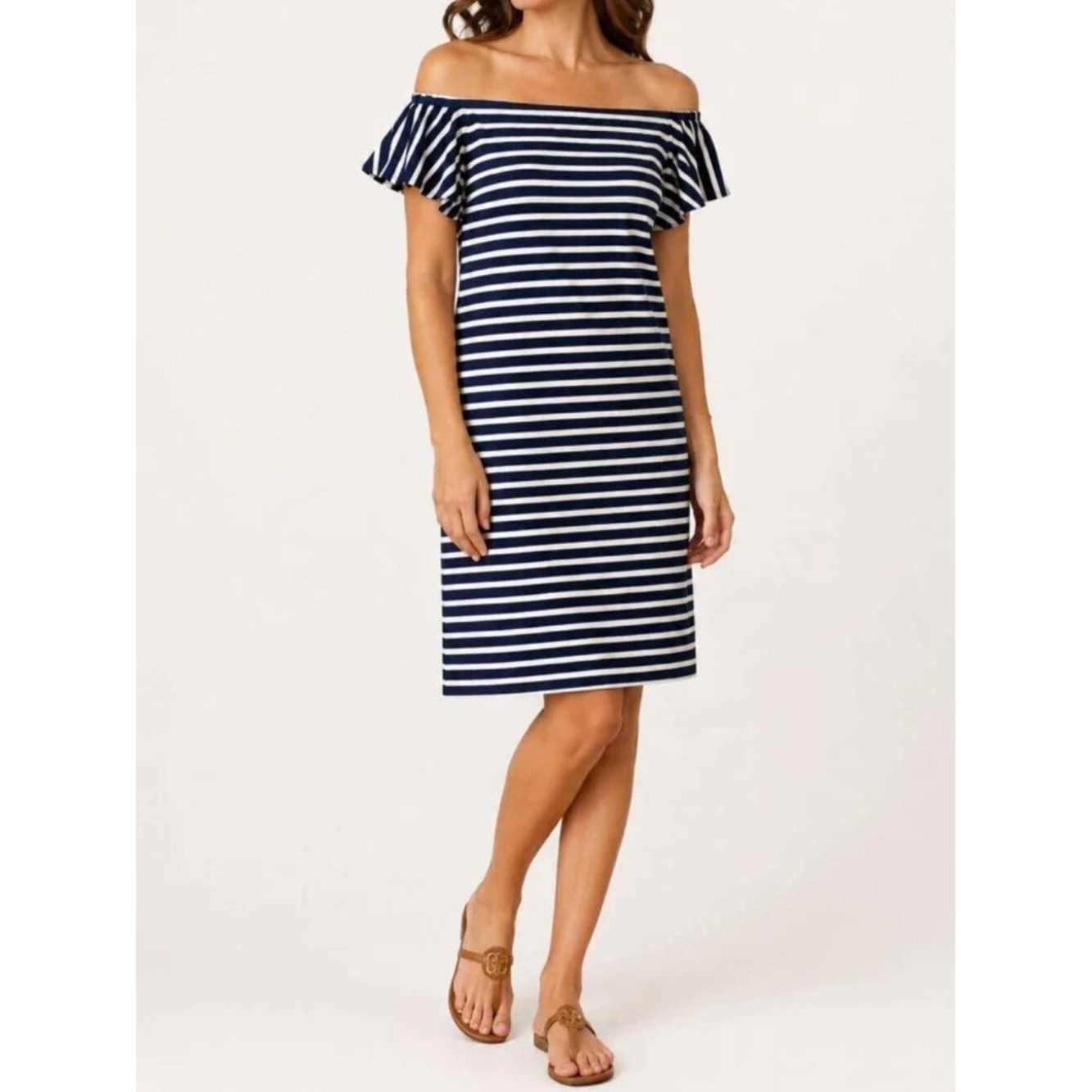 LAUREN Ralph Lauren Off the Shoulder Nautical Navy Striped 100% Cotton Dress