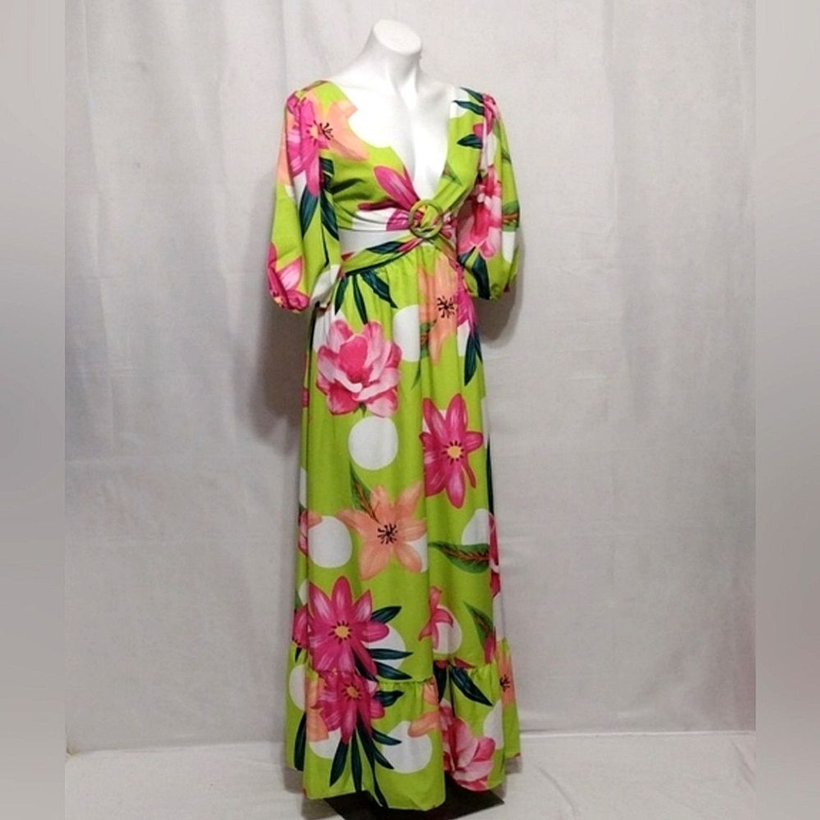 ChicMe Tropical Floral Maxi Dress Small Ring Front Cutout Open Back Double Slit