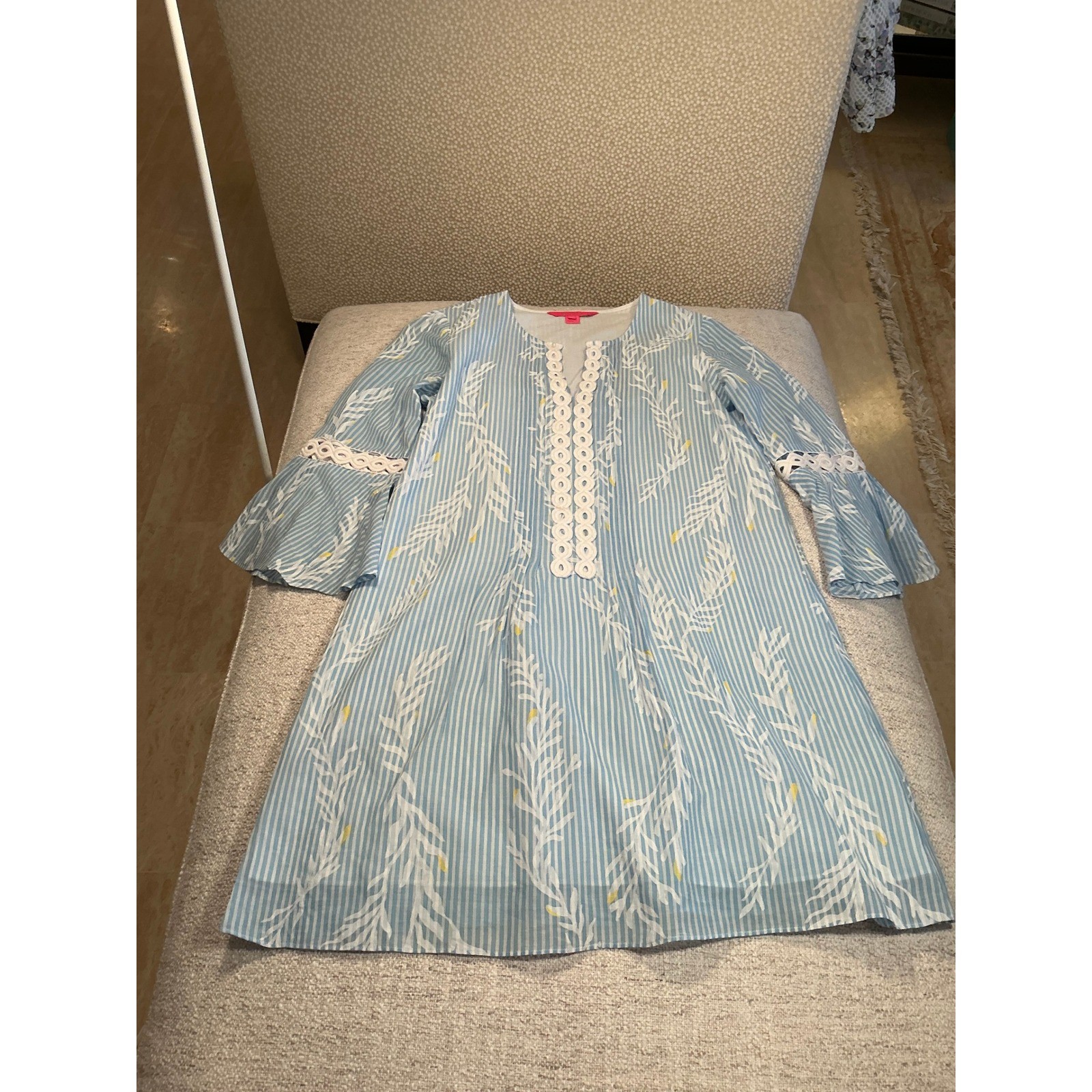 Lilly Pulitzer Blue White Striped Bell Sleeve Lace Trim Shift Dress Small