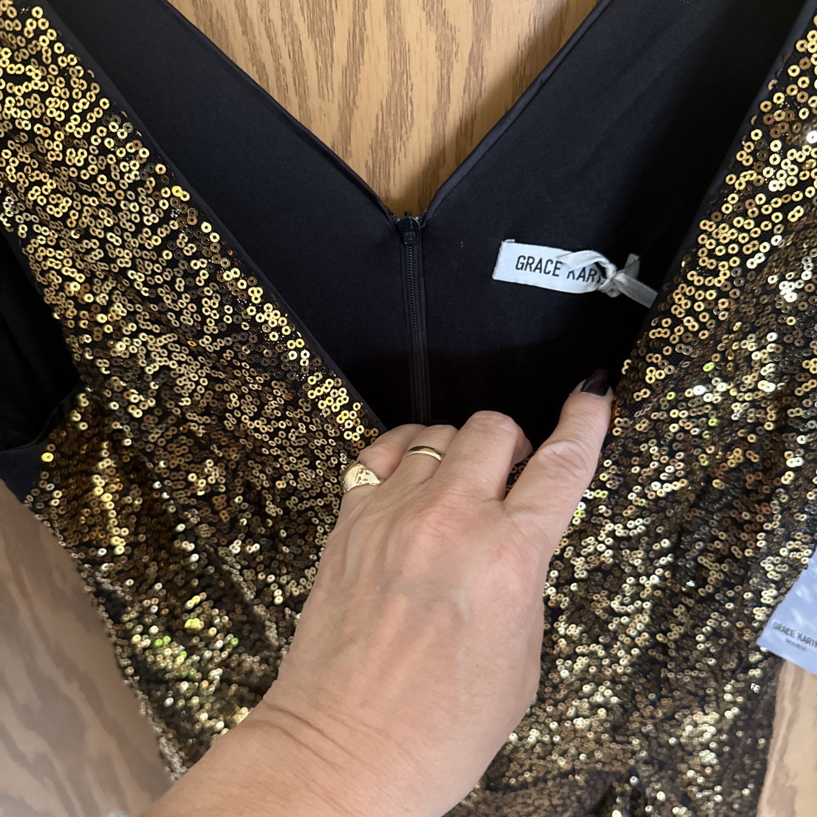 Grace Karin Dress Gold Sequin Sleeveless Ruffle Slit Super Pretty Large