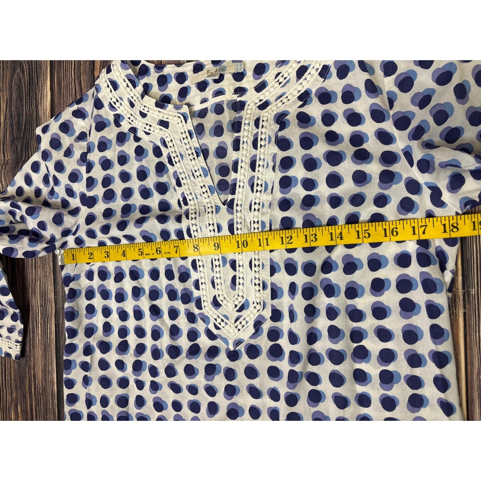 Boden Tunic Top Womens US 6R Blue Purple Polka Dot Cotton Crochet Trim Boho