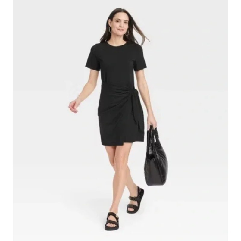 A New Day Women Short Sleeve Soft Stretch Modal Tie Side Mini Dress Size L Black