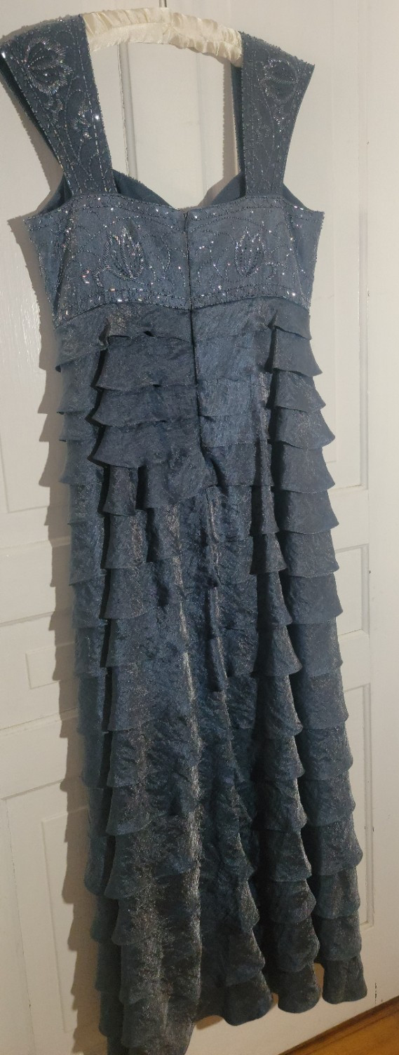 EUC Shimmering Blue Tiered Ruffle Sequins Beaded Formal Gown Dress Maxi 14 LG