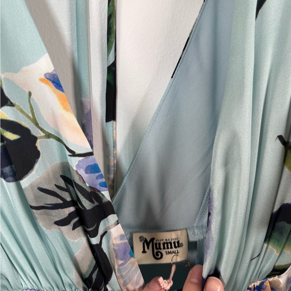 Show Me Your Mumu Faye Flutter Blue Floral Satin‎ Maxi Dress