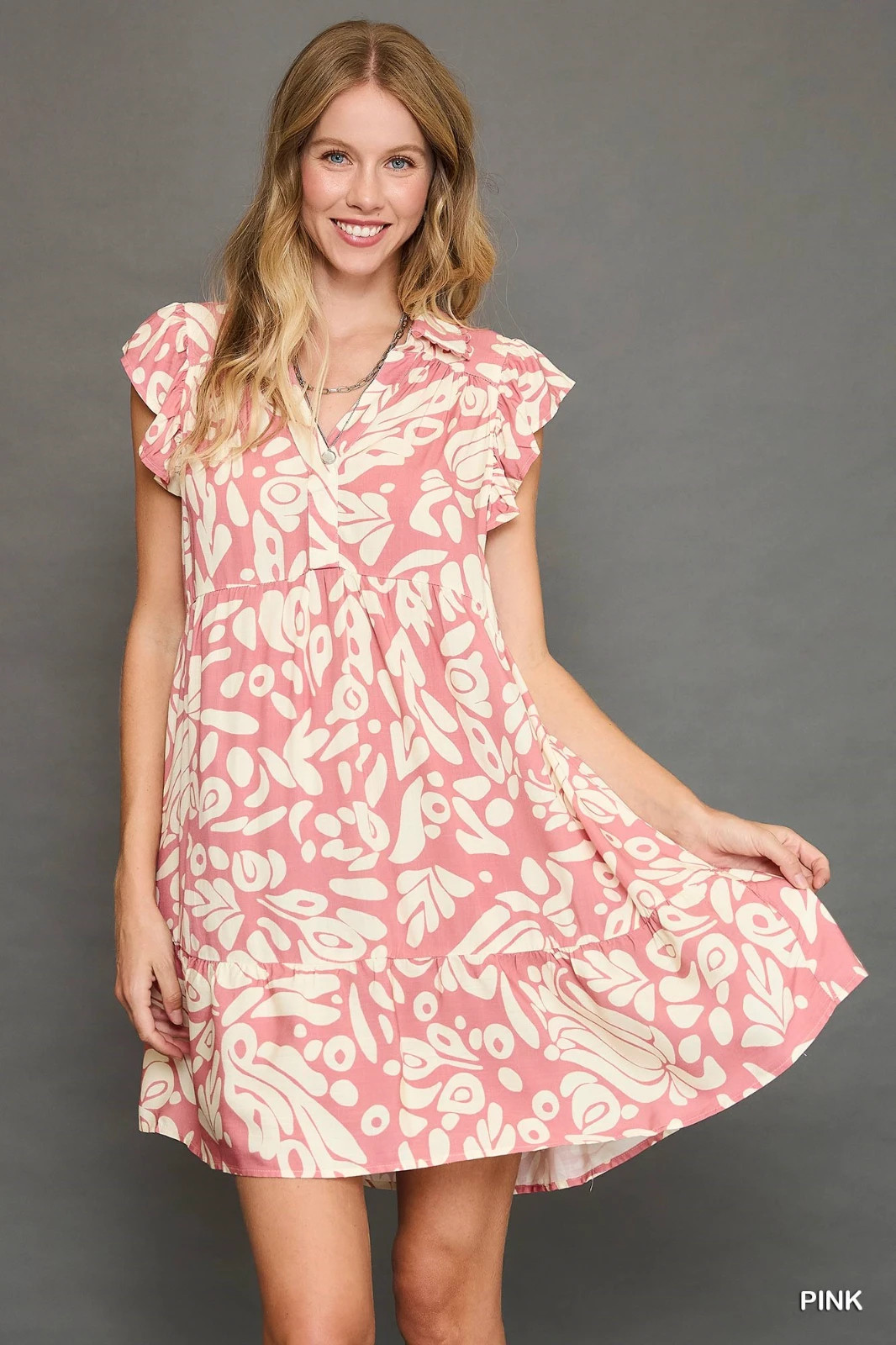 Umgee Pink Floral Sheath Dress with Short Ruffle Flutter Sleeves