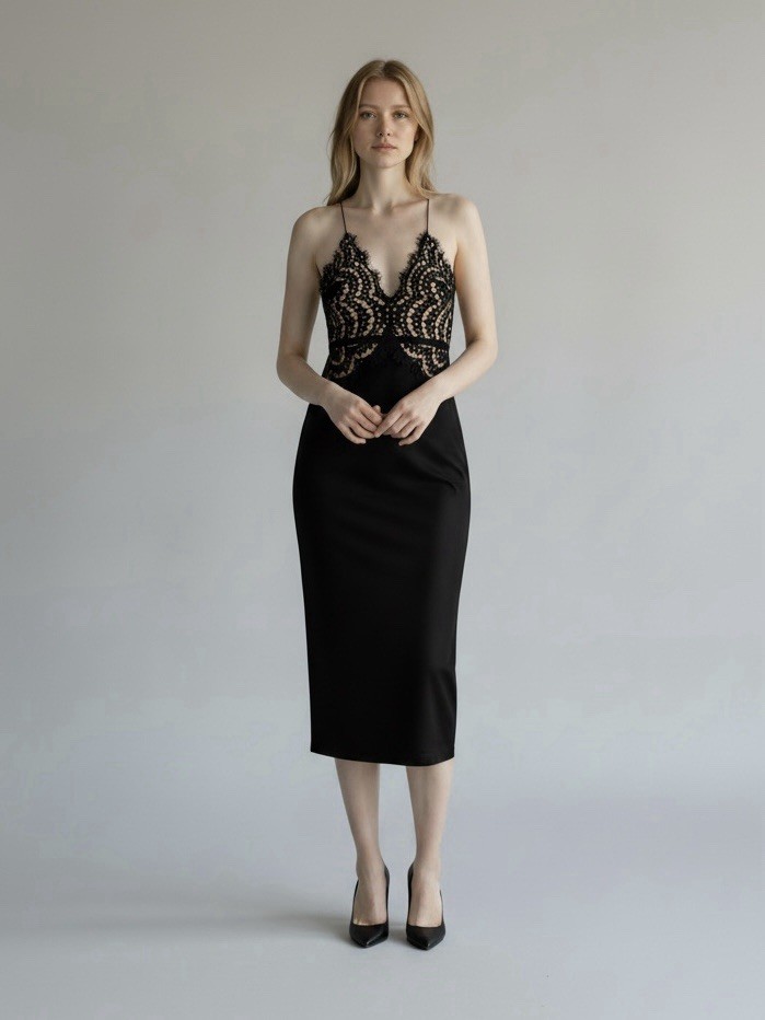 Luxxel Black Lace Halter Midi Dress Nude Illusion Pencil Skirt Small