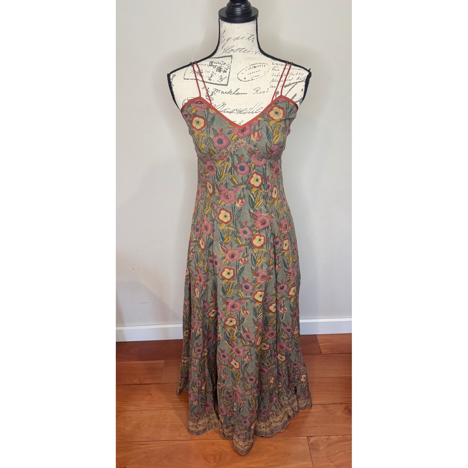 Anokhi Floral Maxi Spaghetti Strap Dress Sz S 100% cotton