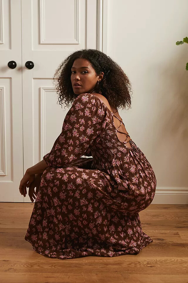 UO Lottie Chocolate Floral Tie-Back Midi Dress Printed Smocked Puff Sleeve New L