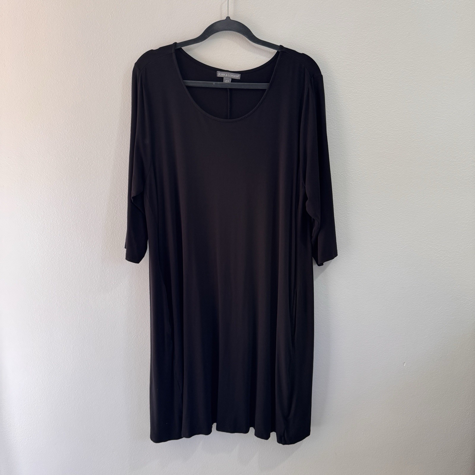 Jessica London Shirt Dress Swing 22W / 1X Black Jersey Stretch 3/4 Sleeves