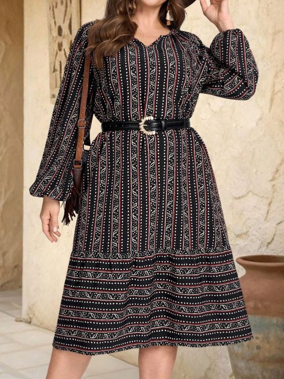 PLUS SIZE 18 20 22 24 BLACK BOHO ABSTRACT A LINE DRESS NO STRETCH LONG SLEEVE