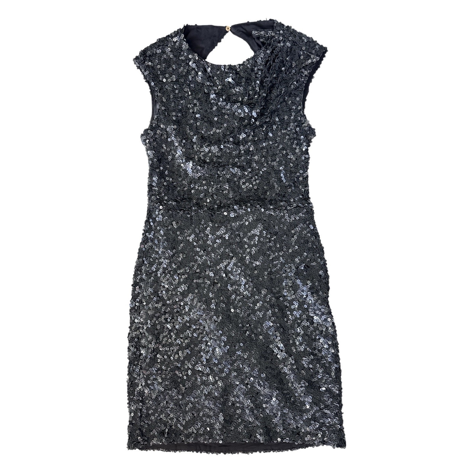 Rachel Zoe Sequin Open Back Sheath Mini Dress 10 Black Cap Sleeve
