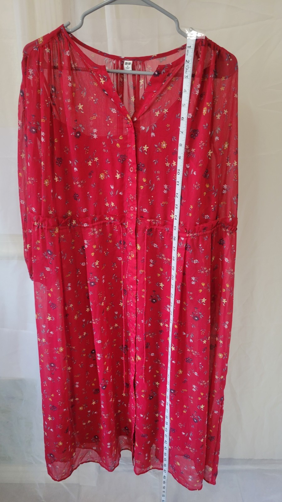 Uniqlo Sheer Women Drawstring Waist Button Down Red Floral Boho Midi Dress, sz M