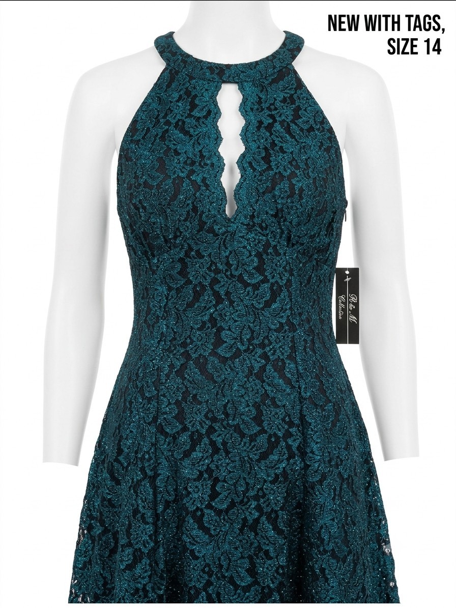 R&M Richards Dress Women’s 14 Spruce Green Black Lace Glitter New With Tags NWT