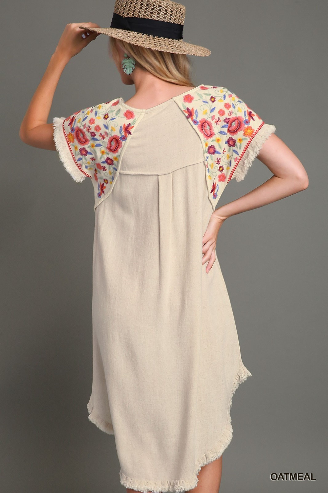 Umgee Oatmeal Linen Blend Short Embroidered Sleeve Hi Lo Dress with Pockets