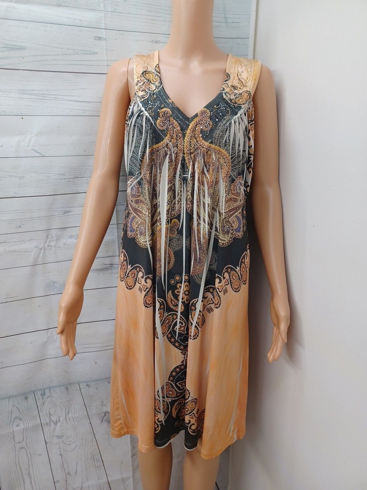 World Unity Boho Dress XL Beaded Print Festival Summer Brown Beige