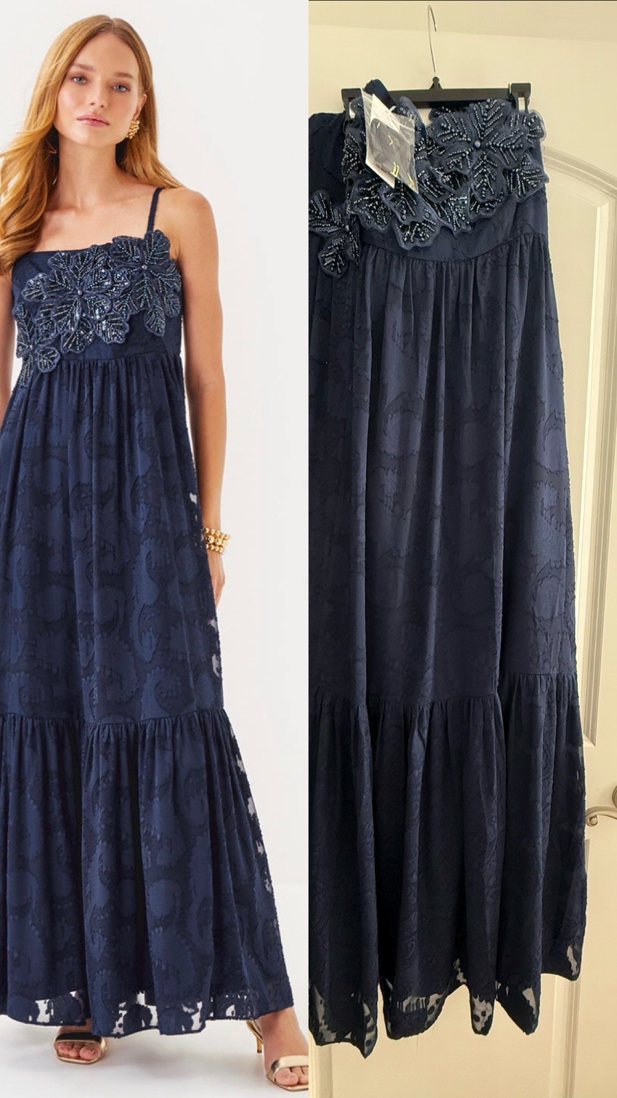 Lilly Pulitzer Mollylynn Clip Maxi Dress NWT Size 8 Navy Beaded Floral Appliqué