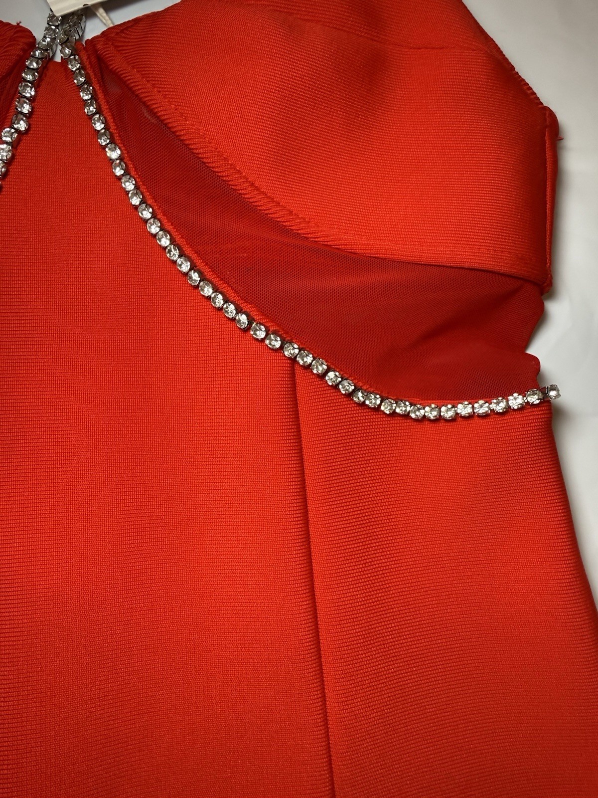 Bella Barnett Red Rhinestone Chain Strap Maxi Dress Sweetheart Neck Polyester L