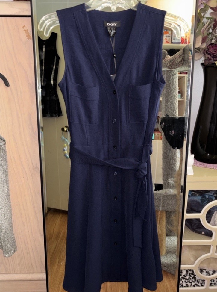 DKNY Navy Sleeveless V-Neck Button Front Belted Pocket Midi Shirt Dress 2