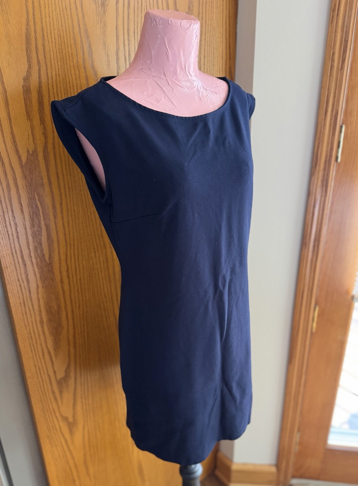 Urban Coco Navy Solid Sheath Dress Boat Neck Knit Stretch Zip Knee Length S