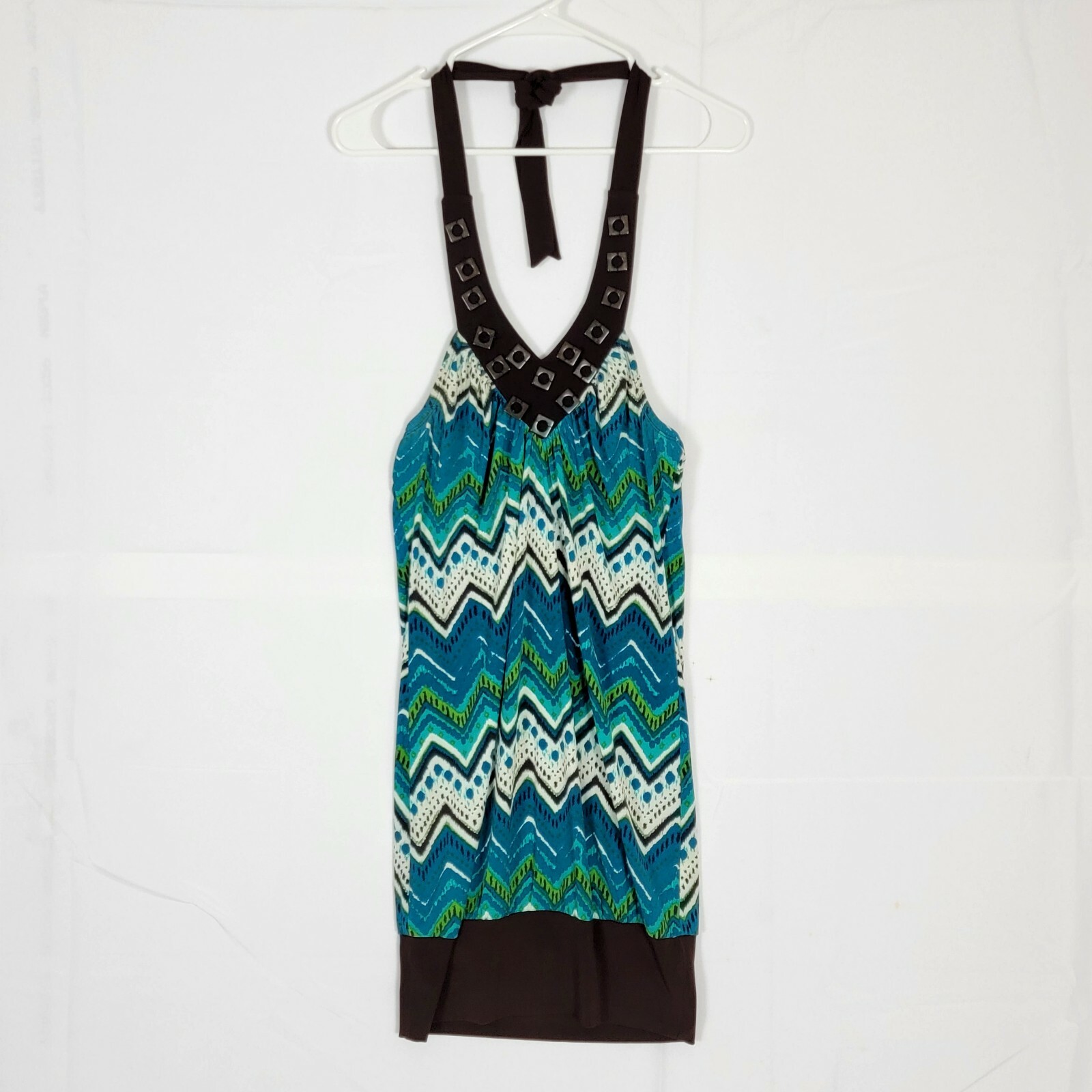 Heart Soul Dress Womens M Teal Blue Brown Short Beaded Sleeveless Halter