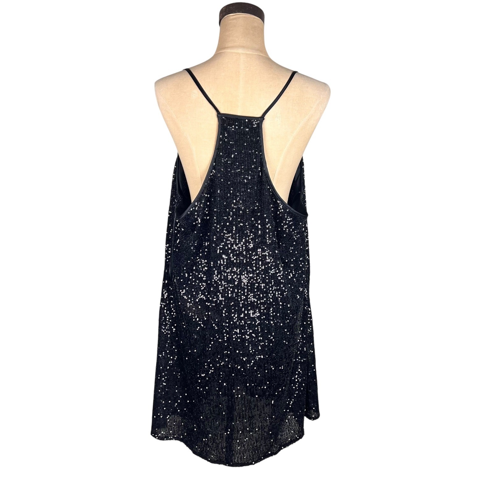 Jade by Johnny Was Black Sequin Silk Lined Mini Dress XL Racerback Swing